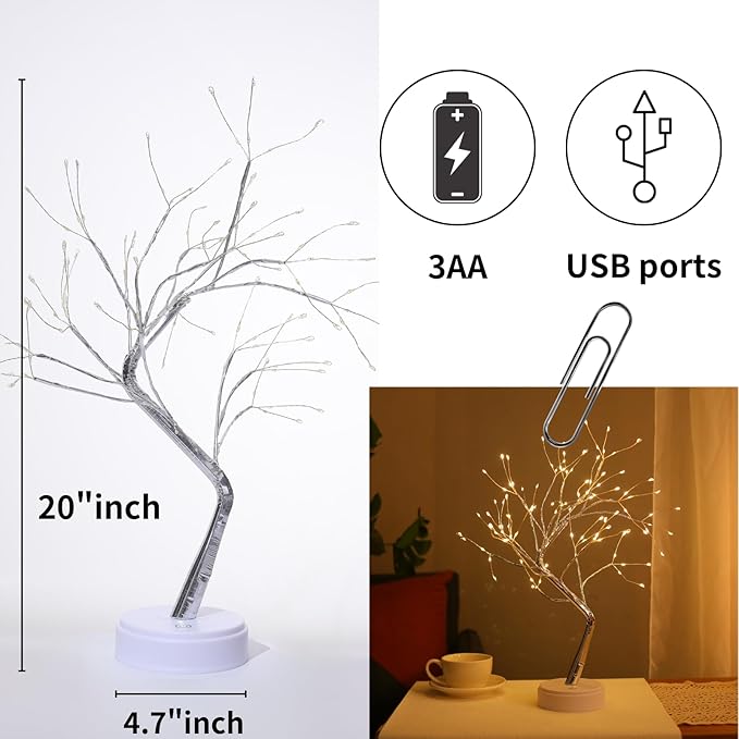 Meonua Bonsai Tree Lights for Easter Decor - 20" Firefly Tree Lamp with 108 LED Fairy Lights, Battery/USB Powered, Warm White - Home Decor, Gift for Bedroom, Living Room, Party
