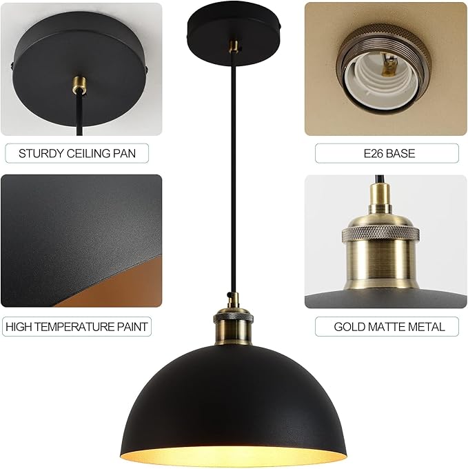 Vintage Industrial Pendant Light 9.84 "Industrial Dome Pendant Light Black and Gold Finish Lighting lamp line Length Pendant light78.74 Kitchen Island, Bedroom, Corridor