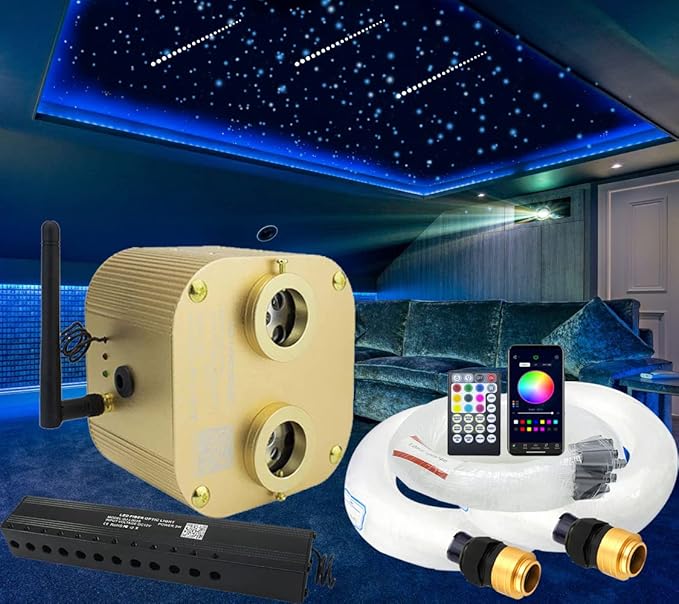 AZIMOM Bluetooth Dual-Port 20W Twinkle Fiber Optic Lights Meteor Shooting Star Ceiling Lighting Kits Mixed 860pcs*13.1ft Fiber Strands RGBW Music Remote APP Control Light Source Home Car Ceiling Décor