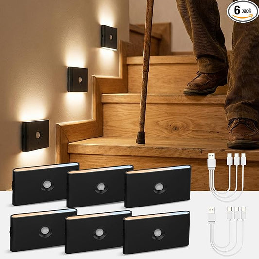 wowatt 6 Packs Rechargeable Motion Sensor Stair Light Black (Magnetic Mounting Design)(Sensor Modes Available)(Lighting Dimmable) Battery Night Lights for Stairway, Hallway, Bathroom