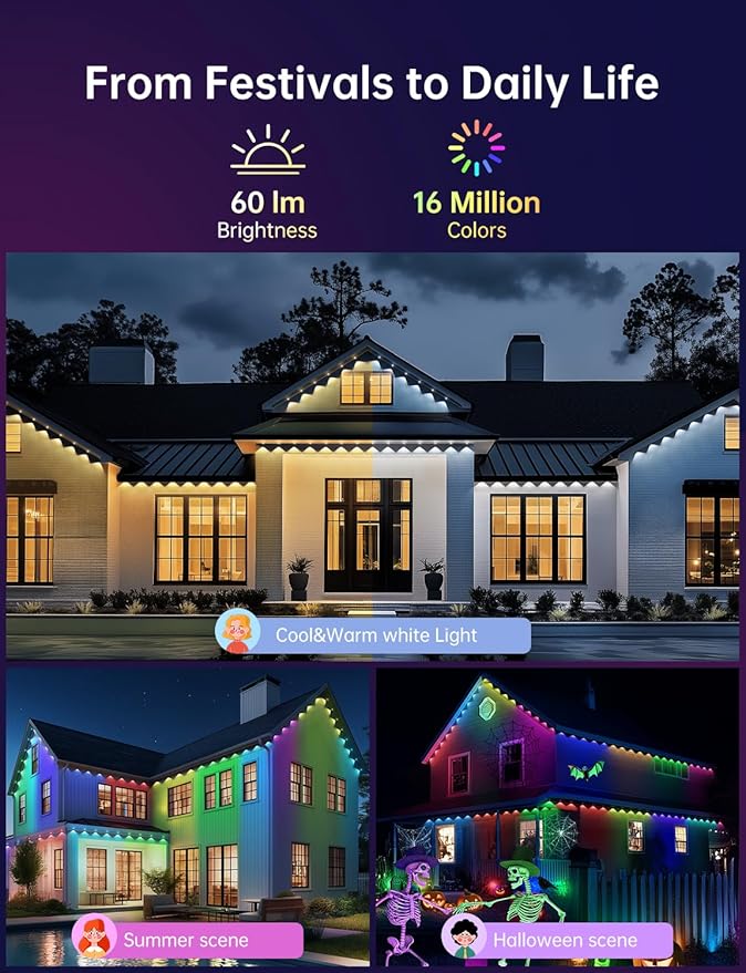 Permanent Outdoor Lights for House, 50ft with 25 Smart IC+RGB+CW LED Eaves Light, Waterproof Christmas Halloween Permanent Decor Light for Daily and Holiday, App/Remote Control