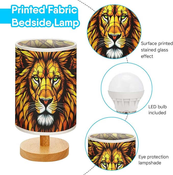 Lion Table Lamp LED 3-Color Pressed Bedside, Lion Shade Lamp with Wood Base for Bedroom Living Room Desk Office TL01