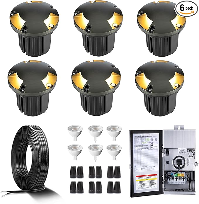 Gardenreet Brass In Ground Lights Kit(6 Pack) with 150W Low Voltage Transformer & MR16 Bulb & 100Feet Wire & Connectors, 12V LED Well Lights for Outdoor Yard Garden Pathway(3 Way Turret)