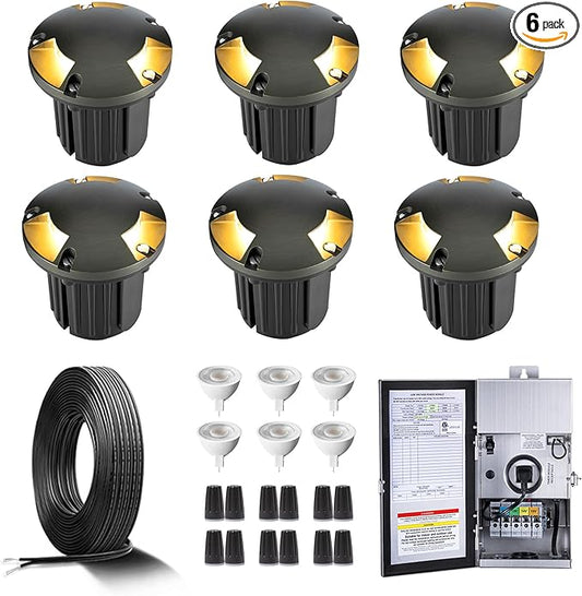 Gardenreet Brass In Ground Lights Kit(6 Pack) with 150W Low Voltage Transformer & MR16 Bulb & 100Feet Wire & Connectors, 12V LED Well Lights for Outdoor Yard Garden Pathway(3 Way Turret)