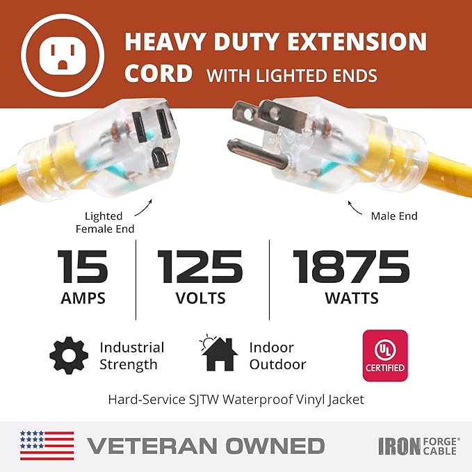 Iron Forge Cable Outdoor Extension Cord 25 Ft - 10 Gauge Heavy Duty Extension Cord, 15 AMP, 10/3 Yellow Power Cable SJTW Weatherproof with 3 Prong
