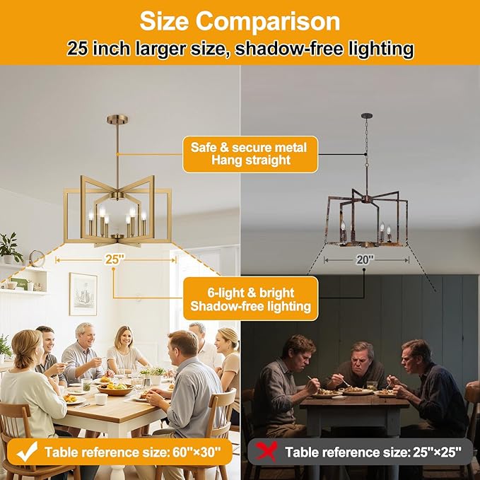 25" Modern Brass Chandelier for Dining Room, No Assembly Required Brass Dining Room Light Fixture Over Table, Industrial Metal Hanging Pendant Lights Fixture for Kitchen Island, Entryway, Foyer