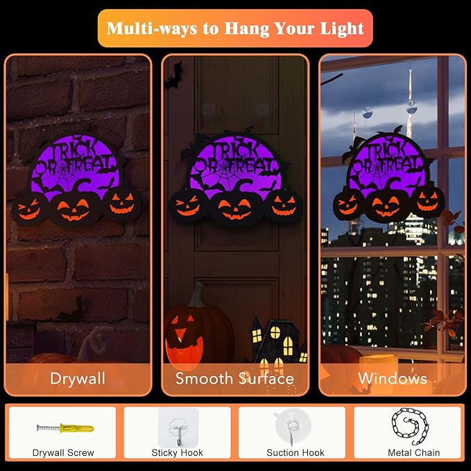 Halloween Pumpkin Lights, LED Connected Jack O Lantern With Light Up Purple Moons, Bat Spider Web & Trick or Treat Wording, USB & Battery Powered With Timer, Halloween Decorations Kids Wall Window Art