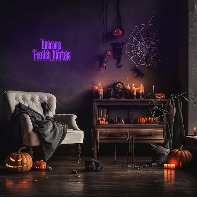 Welcome Foolish Mortals Neon Sign, Anime Fans Neon Light Spooky Gothic Haunted Mansion LED Coffin Decor USB Powered, for Horror Party Haunted House Man Cave Home Room Themed Bars(16.1 * 9.4 In)