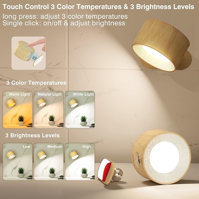 Koopala LED Sconces, Wall Mounted Lamps with Rechargeable Battery Operated USB Port 3 Color Temperatures & 3 Brightness Levels 360°Rotate Magnetic Ball, Cordless Lights for Reading Bedside