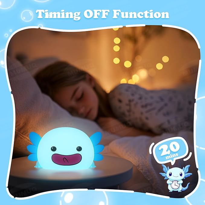 Axolotl Night Light, LED Cute Silicone Nursery Nightlight for Kids, Dimmable Squishy Night Light Rechargeable Touch Bedside Lamp with 20 Minutes Timer, Axolotl Gift, Funny Decor, Blue