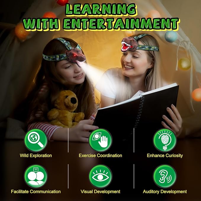Dinosaur Headlamp for Kids Flashlight 2 Pack, Rechargeable Led Headlights Roar & Silent Mode, T-Rex Dinosaur Toys 3-5 4-6 5-7 6-8, Camping Gear, Easter Gifts for Boys Girls Adults