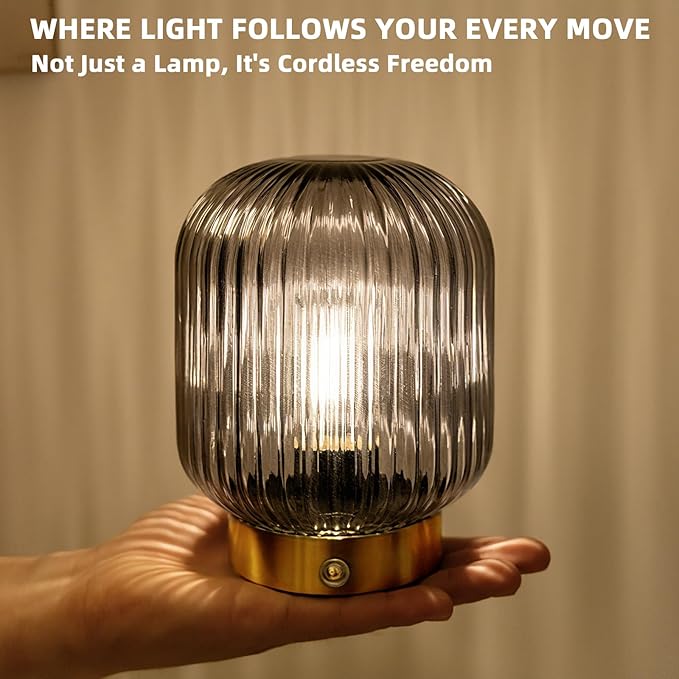 MJ PREMIER Rechargeable Table Lamp, Gray Glass Lamp with Memory Function, Small Cordless LED Lamp with Dimmable Brightness, Decorative Touch Lamps for Bedroom Living Room (Gray)