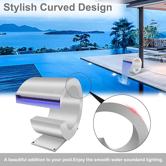 LONGRUN J-Shaped Waterfall Spillway Stainless Steel Swimming Pool Fountain, RF & APP Controled LED Light Outdoor Pond Waterfalls Kit for Garden Patio Swimming Pool Koi Ponds Decoration -13.6" Height