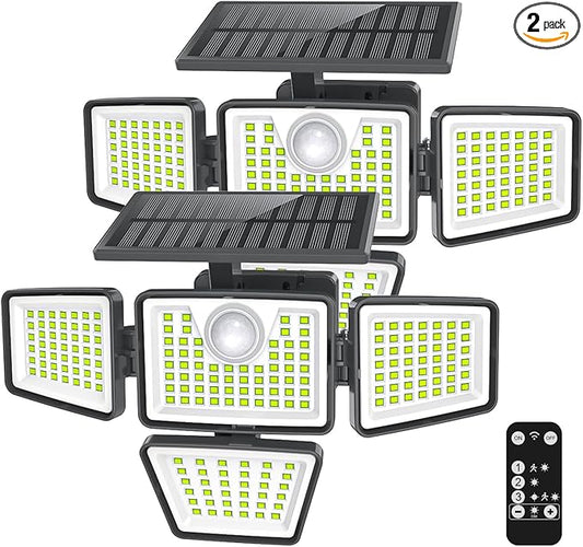 3000LM Solar Lights Outdoor with Motion Sensor,4 Head 270° Wide Angle Street Area Lights,IP65 Waterproof Security Lighting with 3 Modes(Remote,2 Pcs)