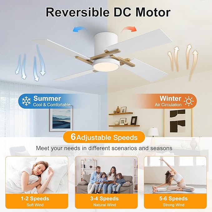 WINGBO 48" Flush Mount Ceiling Fan with Light - 4 Plywood Blades, 6-Speed Reversible DC Motor, Dimmable, 3CCT, Noiseless Low Profile Ceiling Fans and Light for Bedroom Living Room, Gold and White