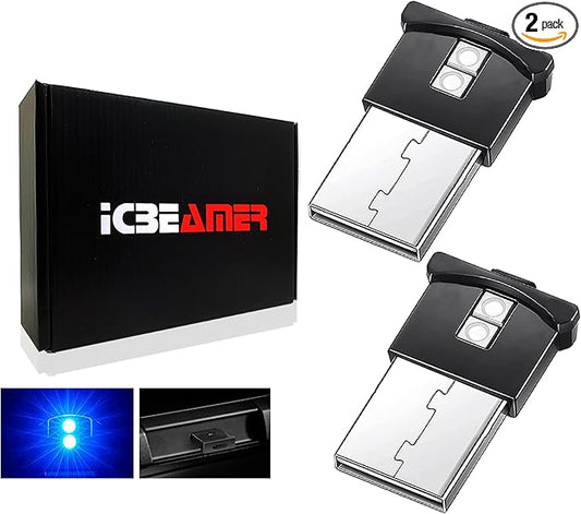 ICBEAMER 2 pcs Mini Smart USB Type-A | Color: Blue | LED Night Light for Car Interior, Trunk, Center Console. Easy Plug-in, Enhance Automotive Ambiance, Perfect for Night Use.