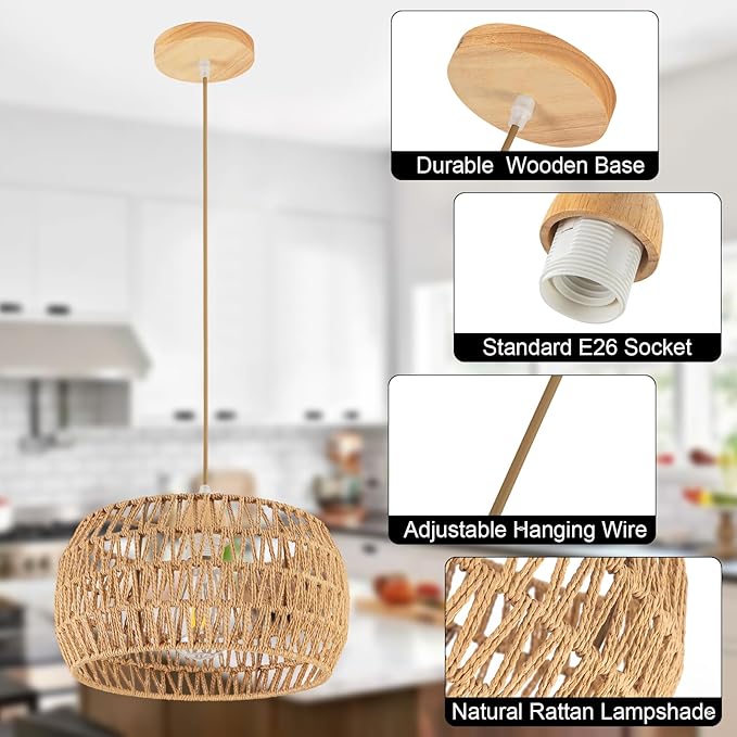 Rattan Pendant Light Fixture Ceiling Bohemian Chandelier Flush Mount Hanging Light 12.99-inch Small Woven Lamp Shade Wooden Base Basket for Kitchen Island Hallway Bedroom Dinning Table