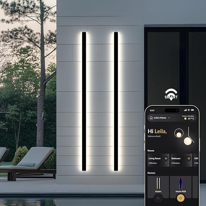 𝗠𝗢𝗗 𝗟𝗜𝗚𝗛𝗧𝗜𝗡𝗚 Haylen Smart | Waterproof Outdoor Smart Wall Light, Dimmable with Remote 3000K-6000K, Long Outdoor Porch Lights, Wired Lighting Fixture Patio Exterior Sconce, 1-Pack (31")