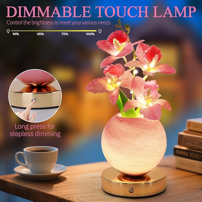 Flower Table Lamp, 3 Colors Orchid Night Light, Cordless Touch Dimming Artificial Flower with Vase Lamp, LED Bedside Night Light Romantic Gifts for Girl Women Mom (Pink Orchid)