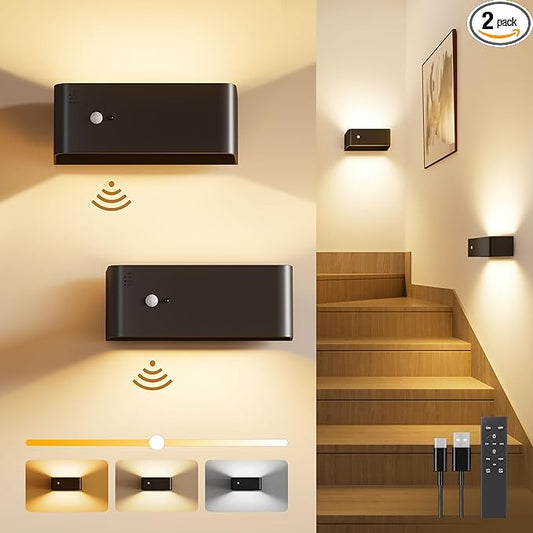 Motion Sensor Wall Sconce Indoor with Remote Control Wall Light LED Wall Sconces Set of Two Rechargeable 8000mAh Battery Operateded Wall Lamps Brightness Adjustable for Stair Closet Bedroom Hallway