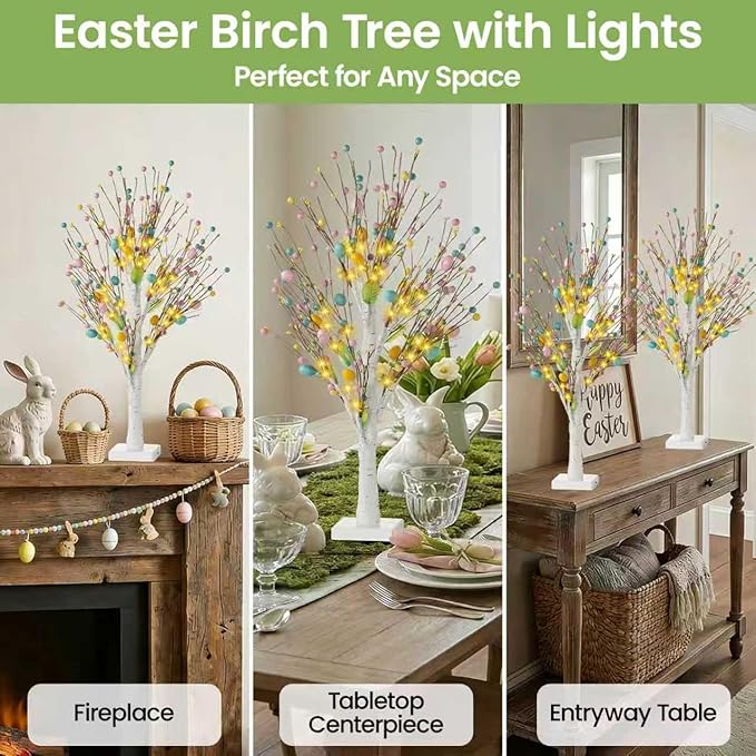 Easter Decorations 2 Pcs 25inch Lighted Easter Tree with Timer&Battery Operated,Pre-Lit Easter Egg Tree Tabletop Decor with LED Lights,Eggs,Artificial Birch Trees for Home Party Mantel Indoor Spring