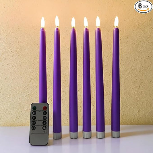 Purple Christmas Flameless Taper Candles with Remote, Flickering Holiday Battery LED Candlesticks Set of 6