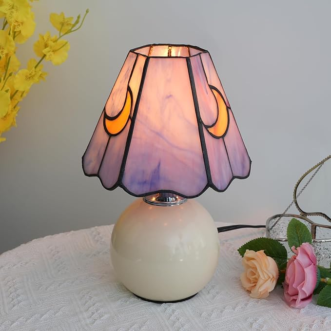 Mushroom Lamp Tiffany Lamp Stained Glass Table Lamp Moon Cute Small Bedside Lamps for Living Room Home Decor,Unique Aesthetic Home Living Room Decor Girls Women Birthday Day Gift,Pink Blue