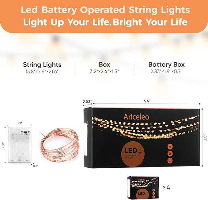 4 Pack 16.4ft Battery Operated String Lights with Timer, Orange with Synchronized Twinkle Mode, Fairy Lights Battery Powered, 50 LEDs, Idea for Christmas Bedroom Party Wedding