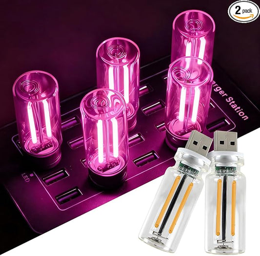 2 PCS USB Car Lights, Touch Dimmable Retro Mini Glass Bottle LED Ambient Night Light for Vehicle Interior, Bedroom, Hallway, Camping, Holiday and Party Decoration (Pink)