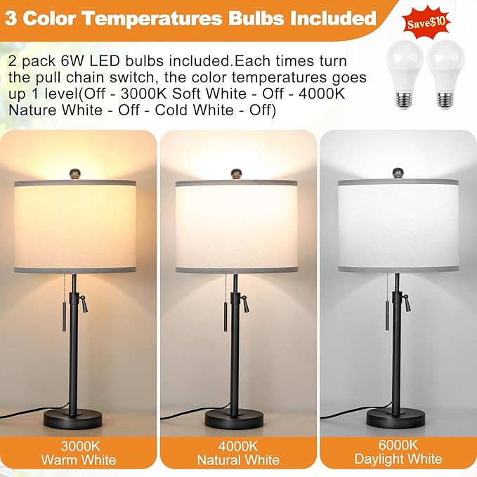 Black Table Lamps for Bedrooms Set of 2: 22" to 30" Height Adjustable Nightstand Lamps with White Linen Shade | Pull Chain Switch | Metal Base 丨3 Color Temperatures Included Beside Lamp (Black)