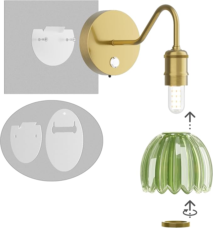 2 Pack Battery Powered Wall Sconce with Green Tulip Glass Lampshade, Rechargeable Dimmable LED Wall Sconce for Living Room, Hallway, Bedroom, Dining Room