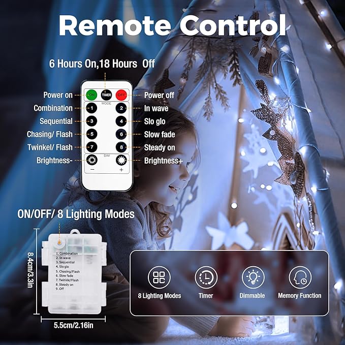 33FT 100LED Fairy String Lights Battery Operated with Remote and Timer, IP65 Waterproof Dimmable Copper Sliver Wire 8 Modes Twinkle Lighting for Indoor Outdoor Bedroom Christmas Decor-Cool White