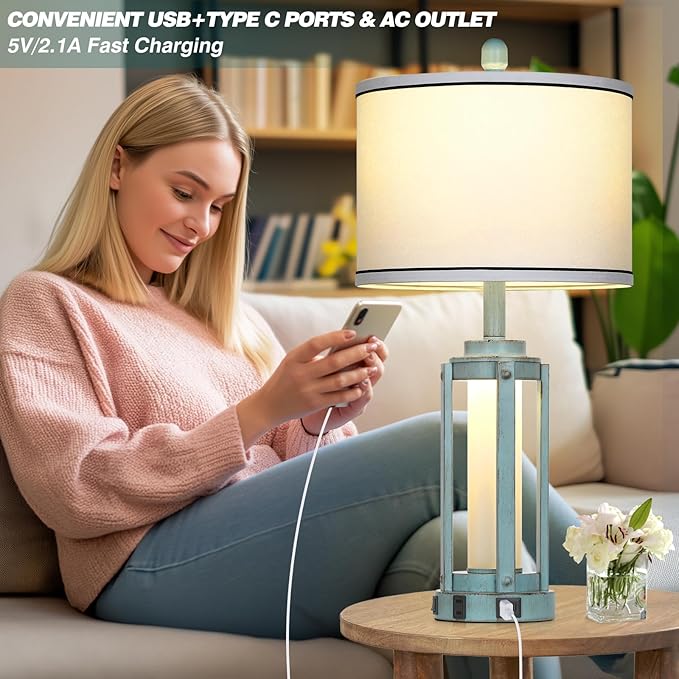 Farmhouse Lamps Set of 2, 26" Vintage Rustic Industrial Beside Lamps with USB A+C Charging Ports & AC Outlet, Nightstand Metal Lamp with LED Night Light & Fabric Shade for Living Room Bedrooms Blue