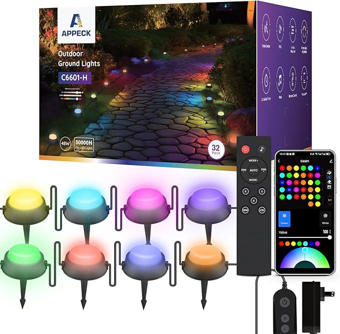APPECK Smart Ground Lights Wired 32 Pack, 100FT RGBW Color Changing Pathway Lights, 2200K Warm White Landscape Lighting, for Garden Yard Lawn Path Holiday Party Decor, with App/Google Assistant