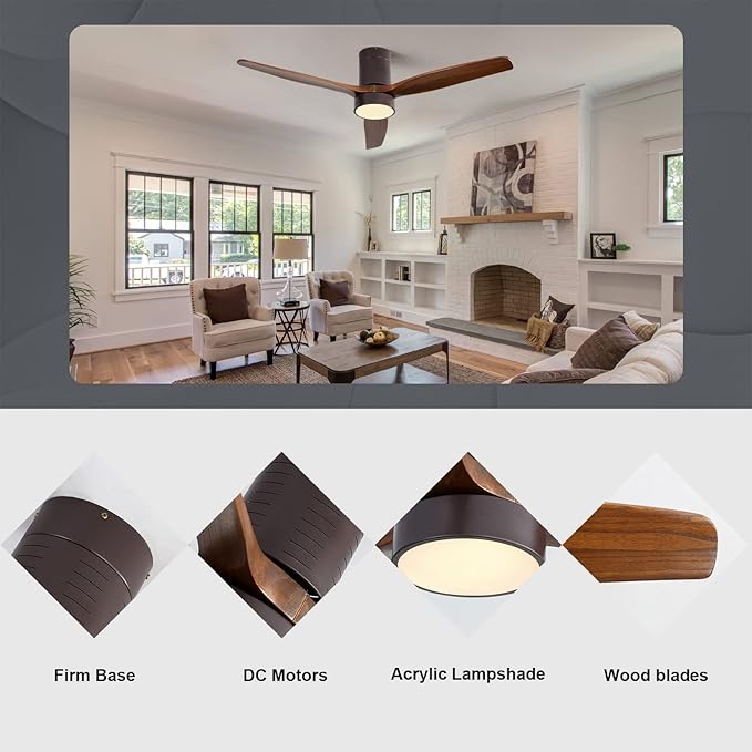 52 Inch Flush Mount Wood Ceiling Fans with Lights Remote Control, Dimmable LED Noiseless Reversible DC Motor,Solid Wood 3 Blade Brown Body