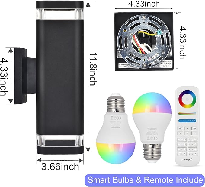 wowlite Smart Up and Down Lights Outdoor 2 Pack, RGBCW Exterior Lighting Fixtures WiFi App Control 2700K-6500K Ambience Wall Sconce Light Color Changing, Black Exterior Lights for House Porch Patio