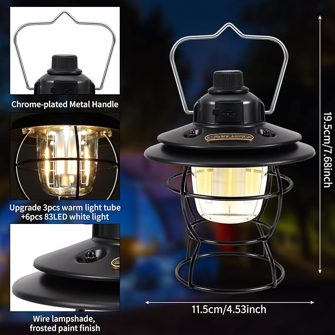 LED Camping Lantern Rechargeable,Vintage Lanterns for Power Outages,Retro Style,3 Light Modes with Dual Lamp Beads,Stepless Dimming,Portable Hanging Tent Light for Hurricane,Emergency,Indoor(Black)