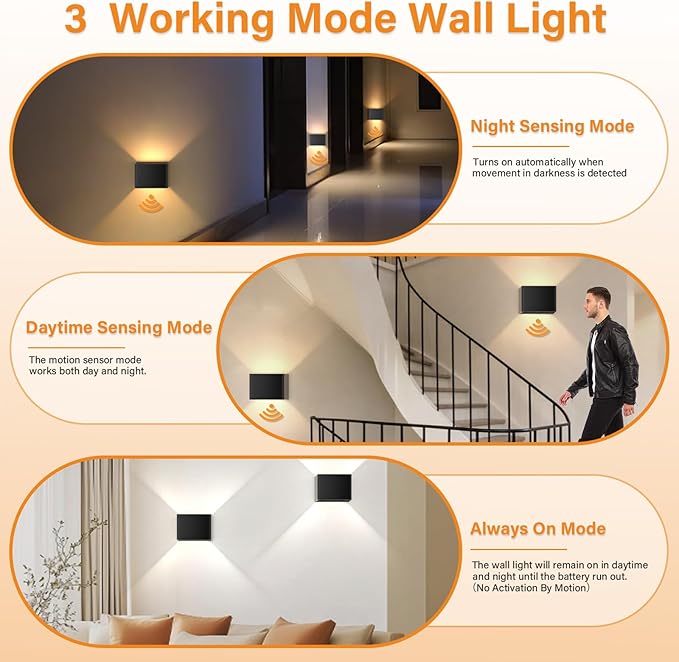 Motion Sensor Wall Light with Remote Control, Rechargeable Battery Operated Wall Sconce with 3 Colors, Wireless Magnetic Wall Lamp, LED Indoor Up and Down Wall Mount Light, Black, 2-Pack