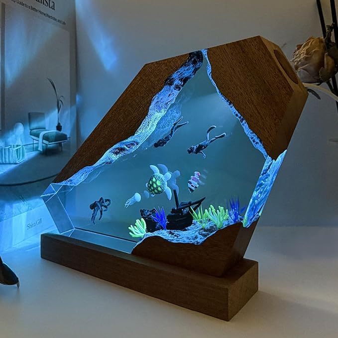 Octopus Ocean Resin Lamp, Handmade Wooden Table Resin Night Light, USB Port Art Ornaments for Home Office Decor, Scuba Diver Gifts for Birthday Holiday, Valentine's Day Gifts for Husband