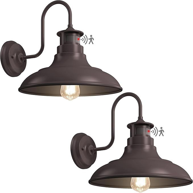 2 Pack Farmhouse Gooseneck Wall Sconce Barn Lights,Motion Sensor and Dusk to Dawn Outdoor Wall Mount Lighting Fixtures,3 Modes Exterior Porch Light IP65 Waterproof E26 Matte Brown Wall Lamp for Patio