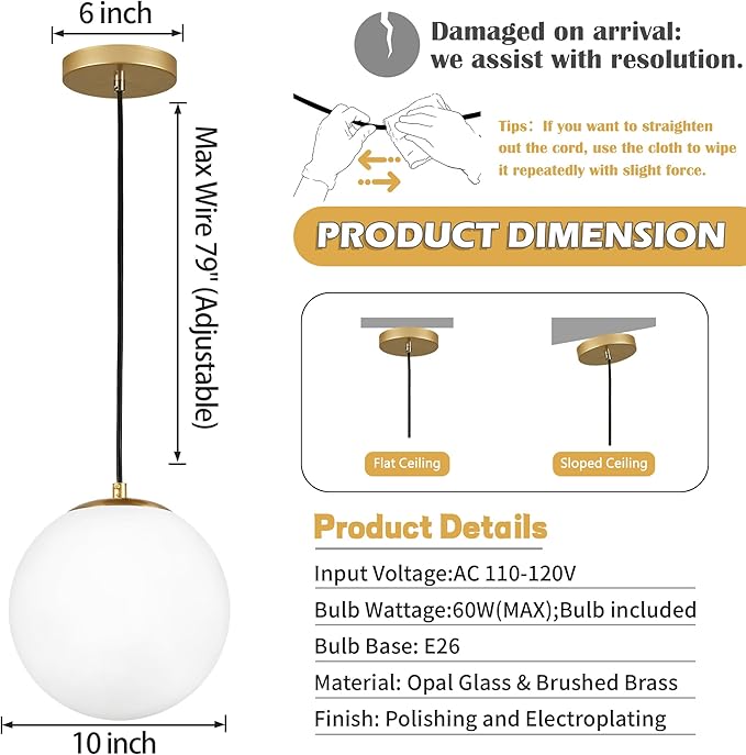 KoKo&Yukina 10" Globe Pendant Light Gold Mid Century Pendant Light Glass Globe Mid Century Modern Light Fixture Brushed Brass Finished with Milk Glass Lampshade for Dining Room Bedroom