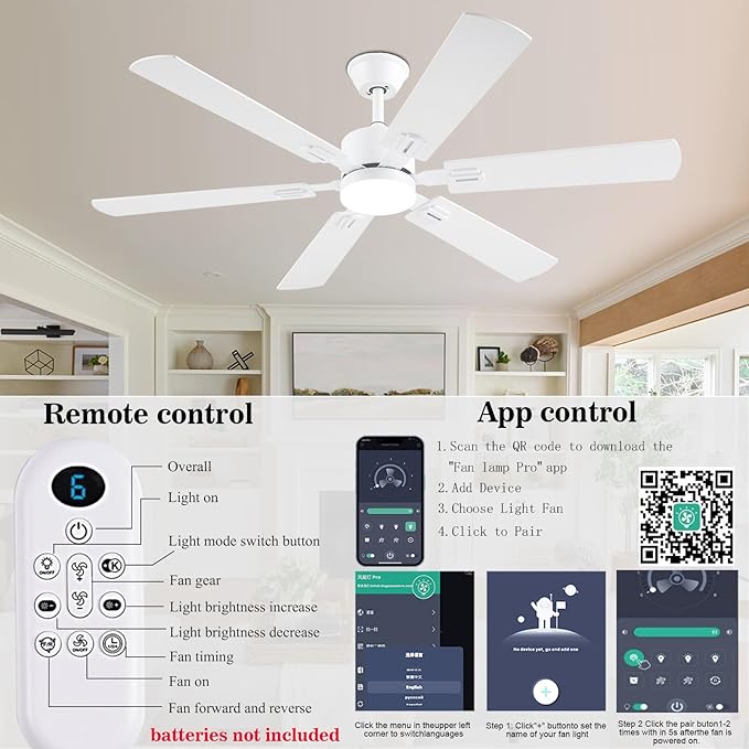 56inch Modern White Ceiling Fans with Lights and Remote/App Control, Dimmable LED, Reversible DC Motor, Noiseless, 6 Double-Side Blade Low Profile Ceiling Fan for Livingroom Indoor/Outdoor Use