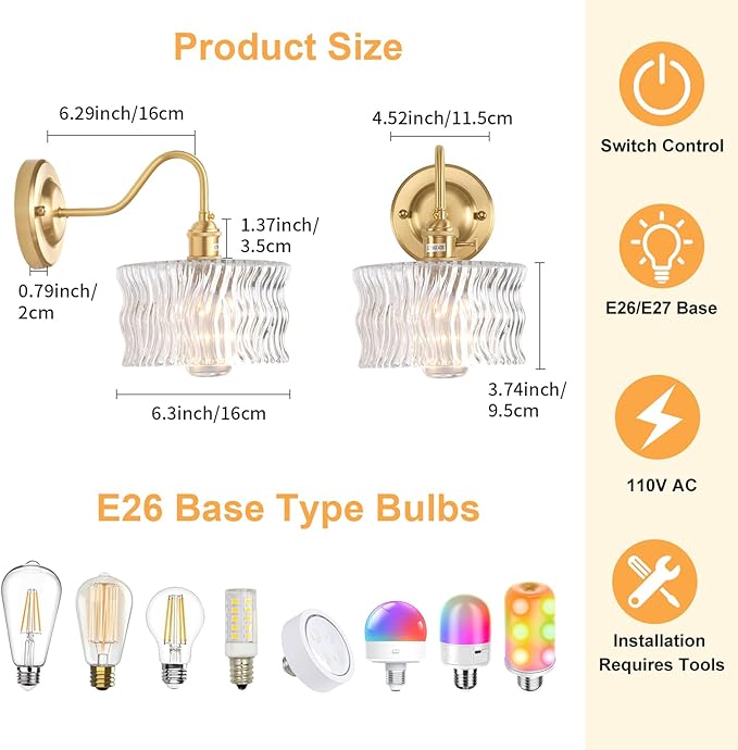 Battery Operated Wall Sconce Set of 2, Vintage Rechargeable Wall Lights with Clear Ripple Glass Shade, Wireless Indoor Wall Lamp with Remote for Bedroom Living Room Bathroom