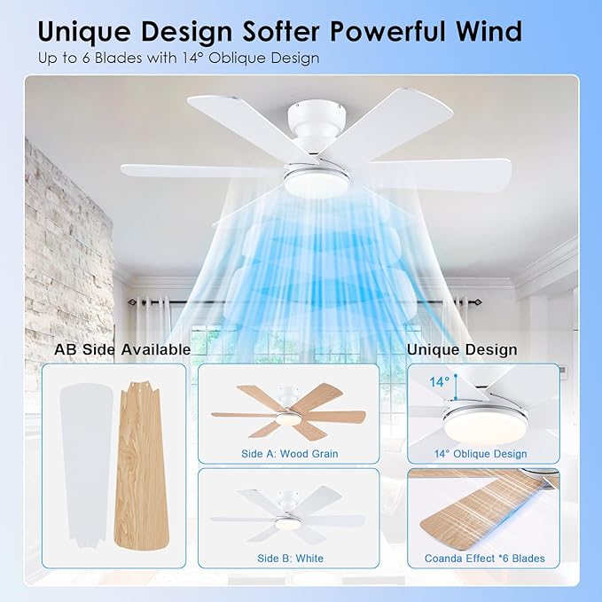 BayDay 46 inch Ceiling Fans with Lights, Ceiling Fan with Remote APP, Dual-Sided Modern/Rustic 6 Blades, Reversible, 3CCT, Flush Mount Low Profile Ceiling Fan with Lights Bedroom Kitchen Indoor White