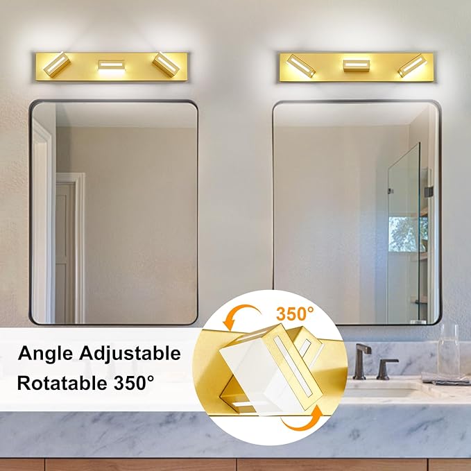24-Inch 3-Light LED Modern Gold Bathroom Vanity Light Fixtures Over Mirror, Bathroom Lighting Fixtures with Cool White 6000K, Vanity Wall Lights for Bath Restroom Powder Room