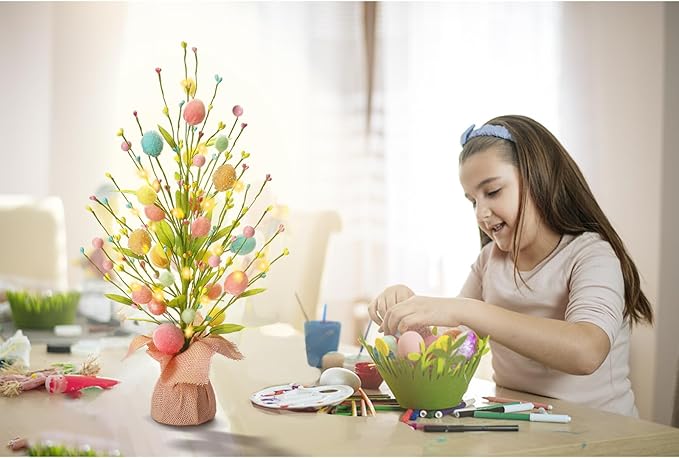 RoseCraft Easter Decorations, Artificial 18 Inch Pre-Lit Easter Egg Tree Tabletop Decor with Delicate Ornaments, for Home Party Wedding Holiday Spring Summer Decoration, Pink/Blue/Yellow.