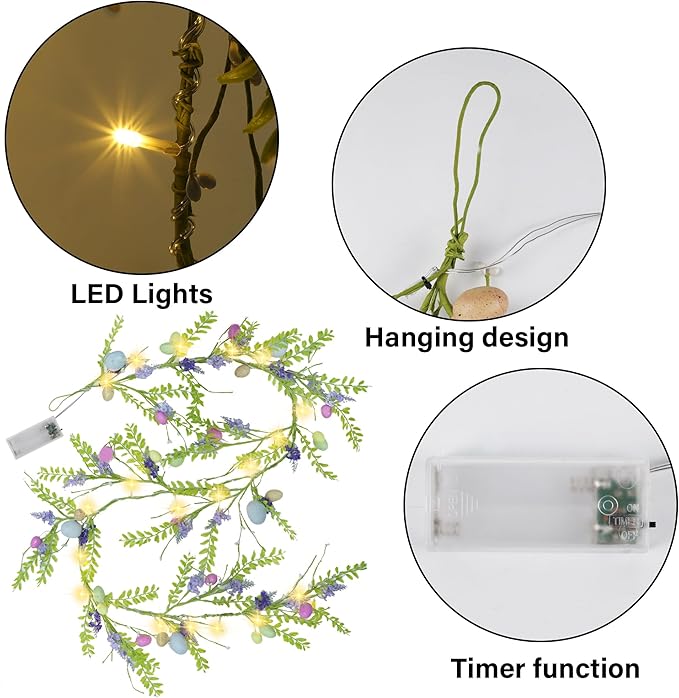 DR.DUDU 6 FT Easter Decorations for Home Lighted Easter Garland Artificial Egg Garlands with 20 LED Lights & Timer Spring Decor for Mantle Fireplace Table Door