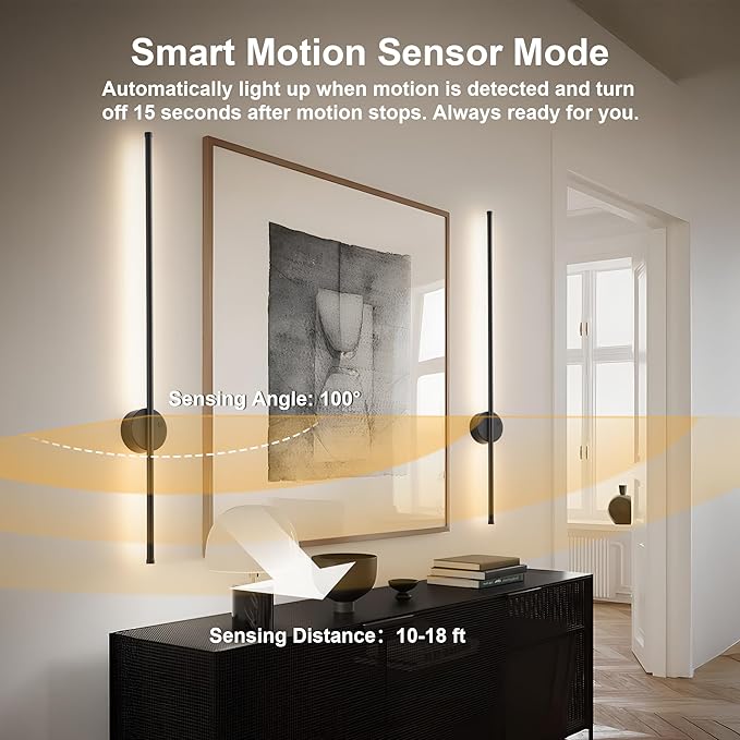 Motion Sensor Battery Operated Wall Sconce Set of Two - Modern Rechargeable Wireless Wall Lights with Remote Control, Dimmable, 3000K/4000K/6000K, Timer for Living Room, Hallway, Black, 39.3 Inch