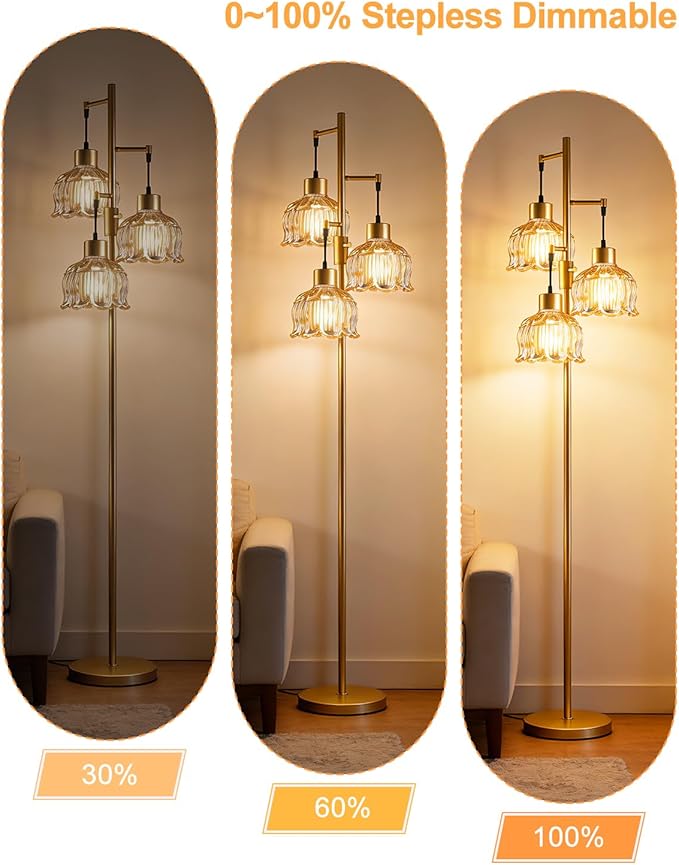 Lightdot 3-Light Lotus Floor Lamps 65'' Dimmable Floor Lamp with Brown Glass Shade& E12 Bulbs Included, Mid Century Tall Flower Lamp for Living Room/Bedroom/Sofa Beside/Corner Decor-Gold