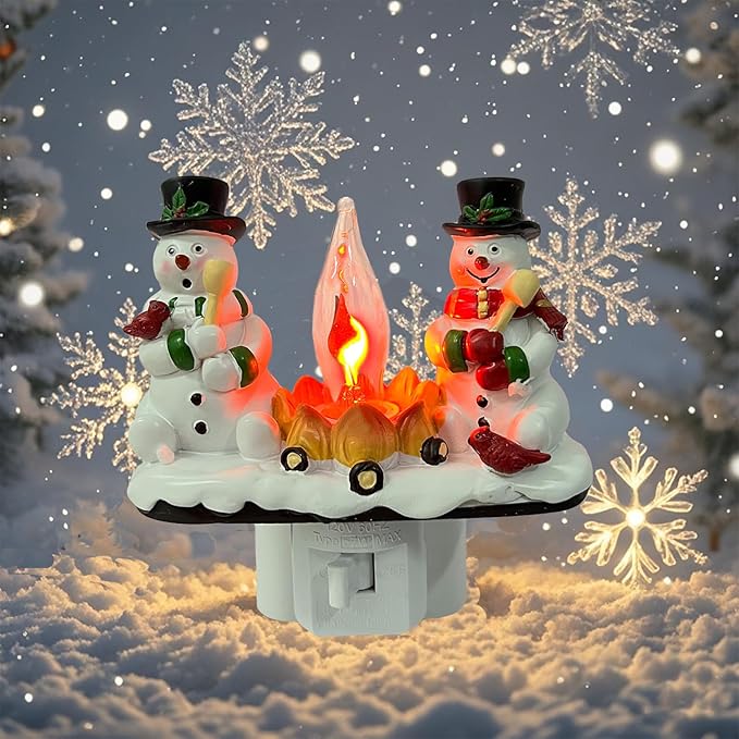 2025 Christmas Night Light, 3D Christmas Snowman Campfire Nightlight, Christmas Eve Campfire Flickering Night Light Gifts for Family, 120V Plug-in Powered for Festive Ambiance